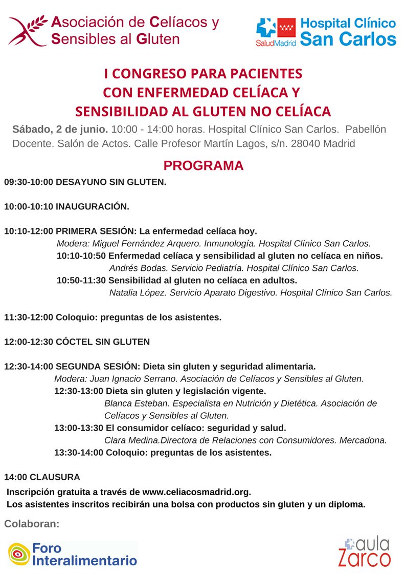 Programa I Congreso para pacientes con enfermedad celíaca y sensibilidad al gluten no celíaca